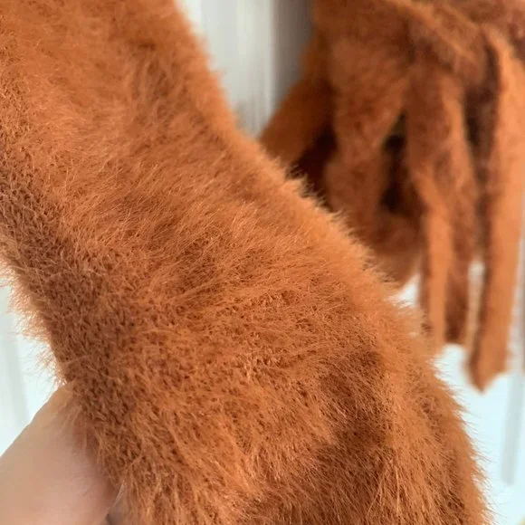 Camel Fuzzy Wrap Sweater. Tie Front, Long Sleeve. Sexy, Low Plunge V-Neck. US S - Picture 6 of 7